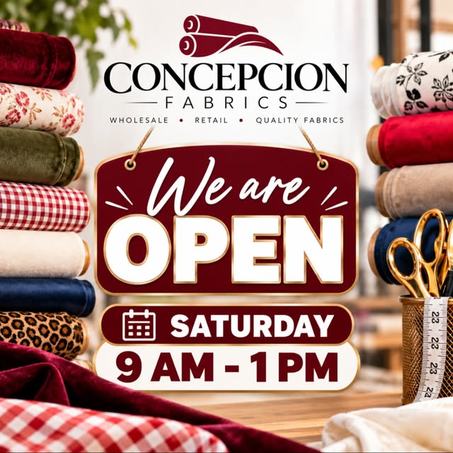 Concepcion Fabrics shop announcement featuring the brand and colorful fabric rolls